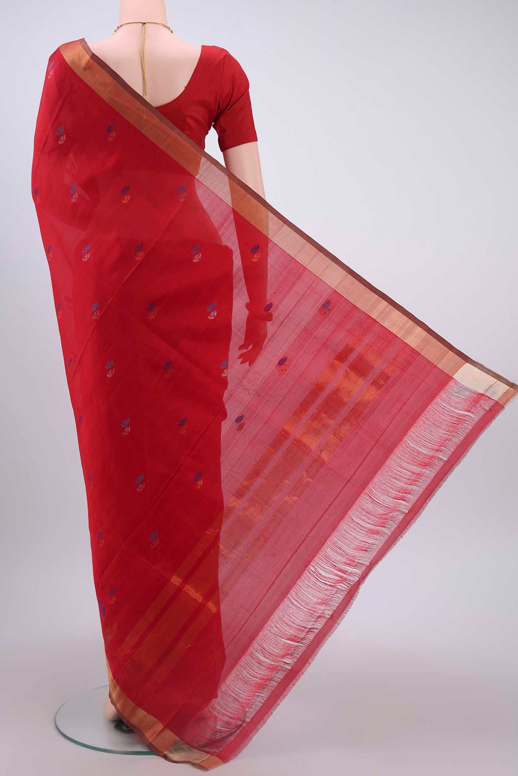 Flat view of Red Uppada Silk Saree with Zari And Thread Butta on the body and Zari Border