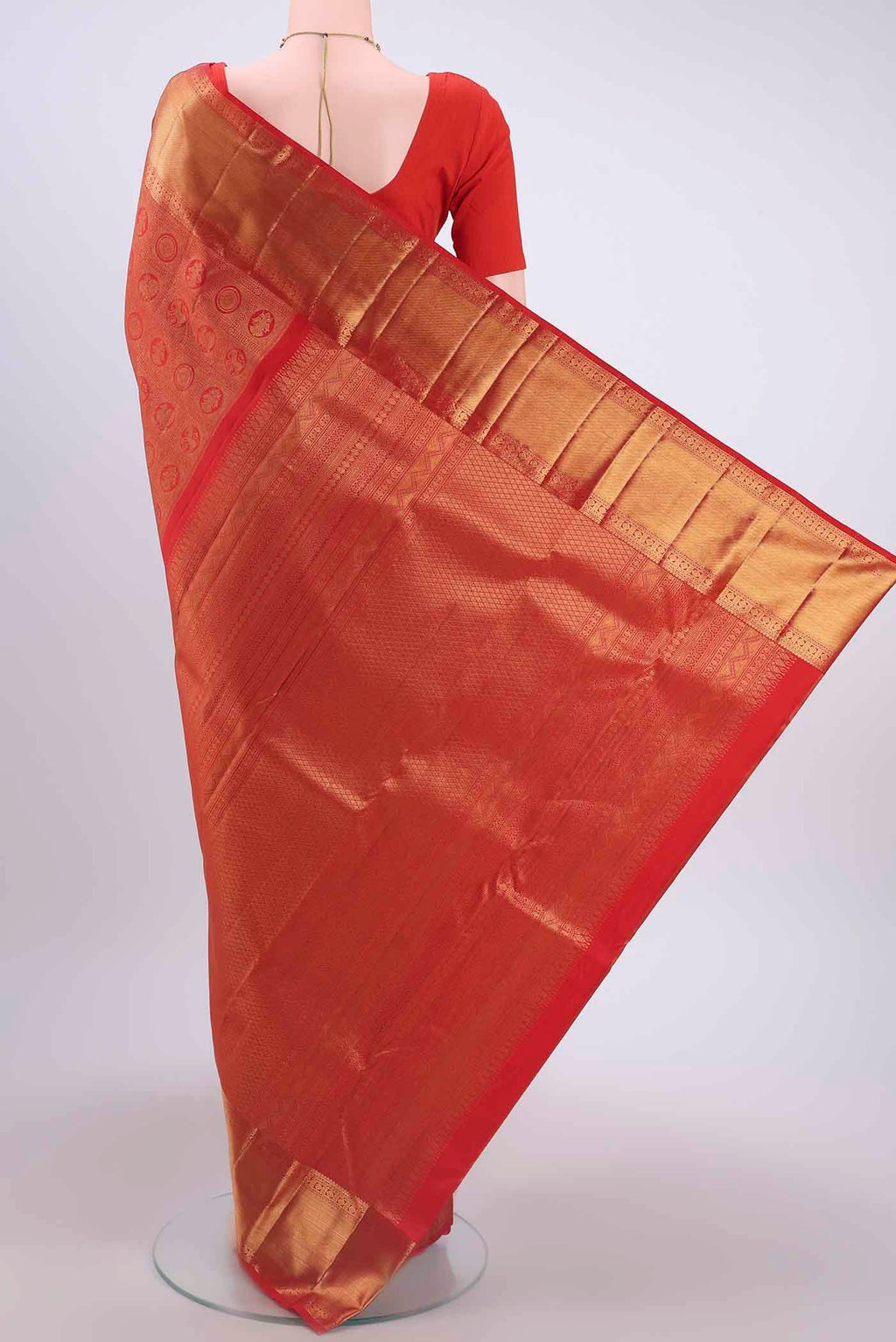 Flat view of Imperial Red Kanchipuram Saree with Zari Brocade on the body and Zari Border