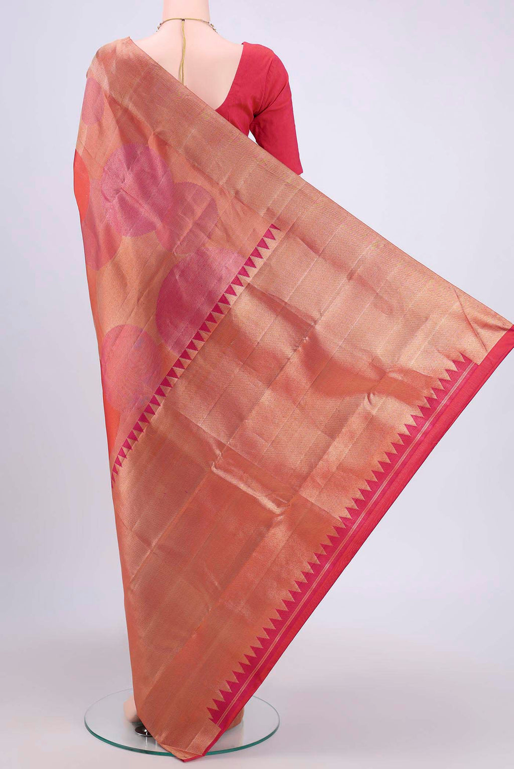 Flat view of Multi Color Kanjivaram Saree with Zari Brocade on the body and Rising Temple Border. 