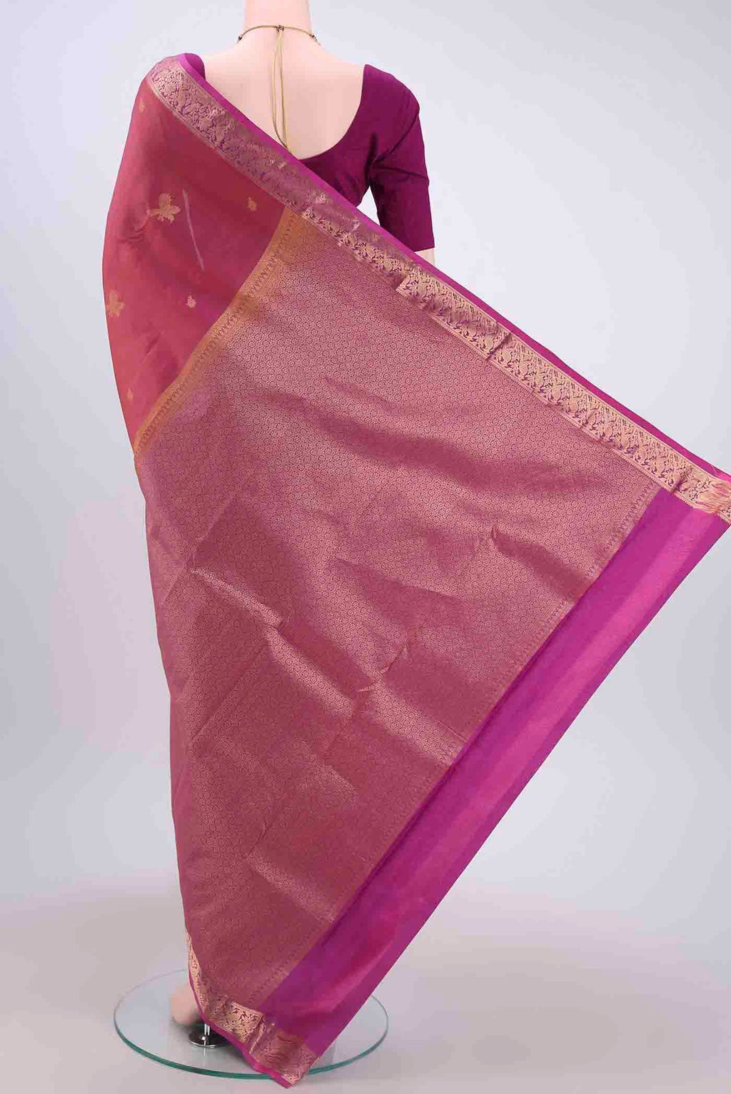Flat view of Coral Dual Tone Nangavalli Silk [ Salem ] Saree with Zari Butta on the body and Zari Border
