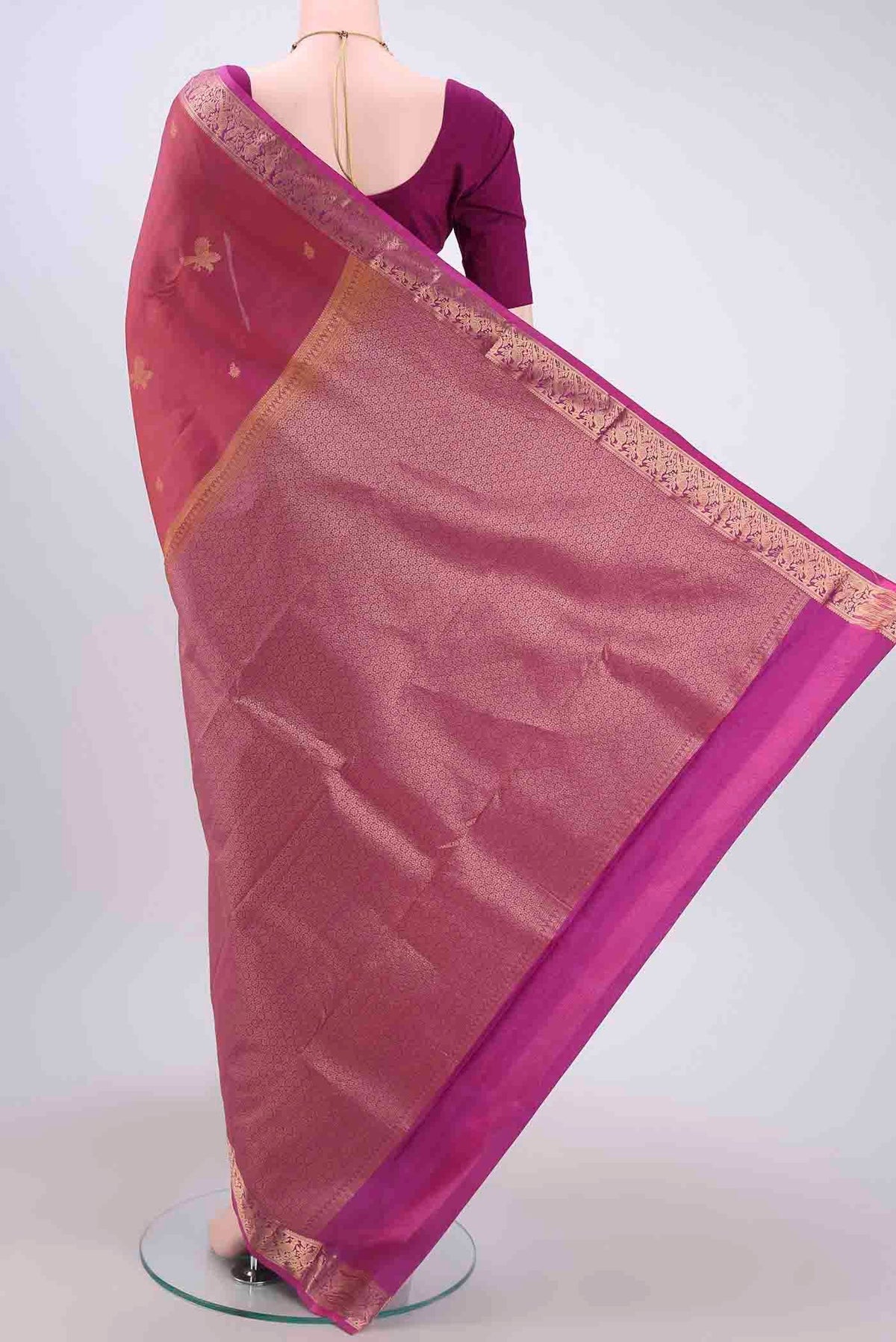 Flat view of Coral Dual Tone Nangavalli Silk [ Salem ] Saree with Zari Butta on the body and Zari Border