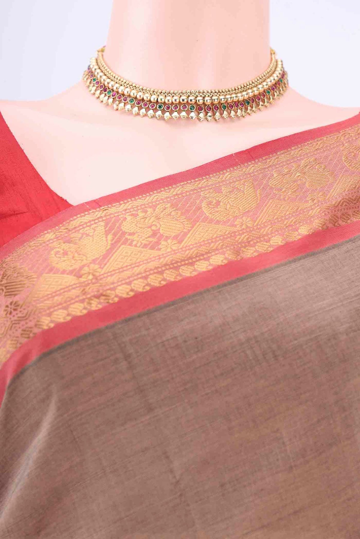 Border image of Davys Grey Blended Poly Cotton Saree with Plain Body and Zari Border