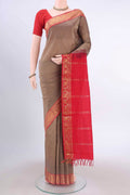 Davys Grey Blended Poly Cotton Saree with Plain Body and Zari Border displayed on a mannequin