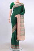 Green Poly Cotton Saree with Plain Body and Thread Border displayed on a mannequin