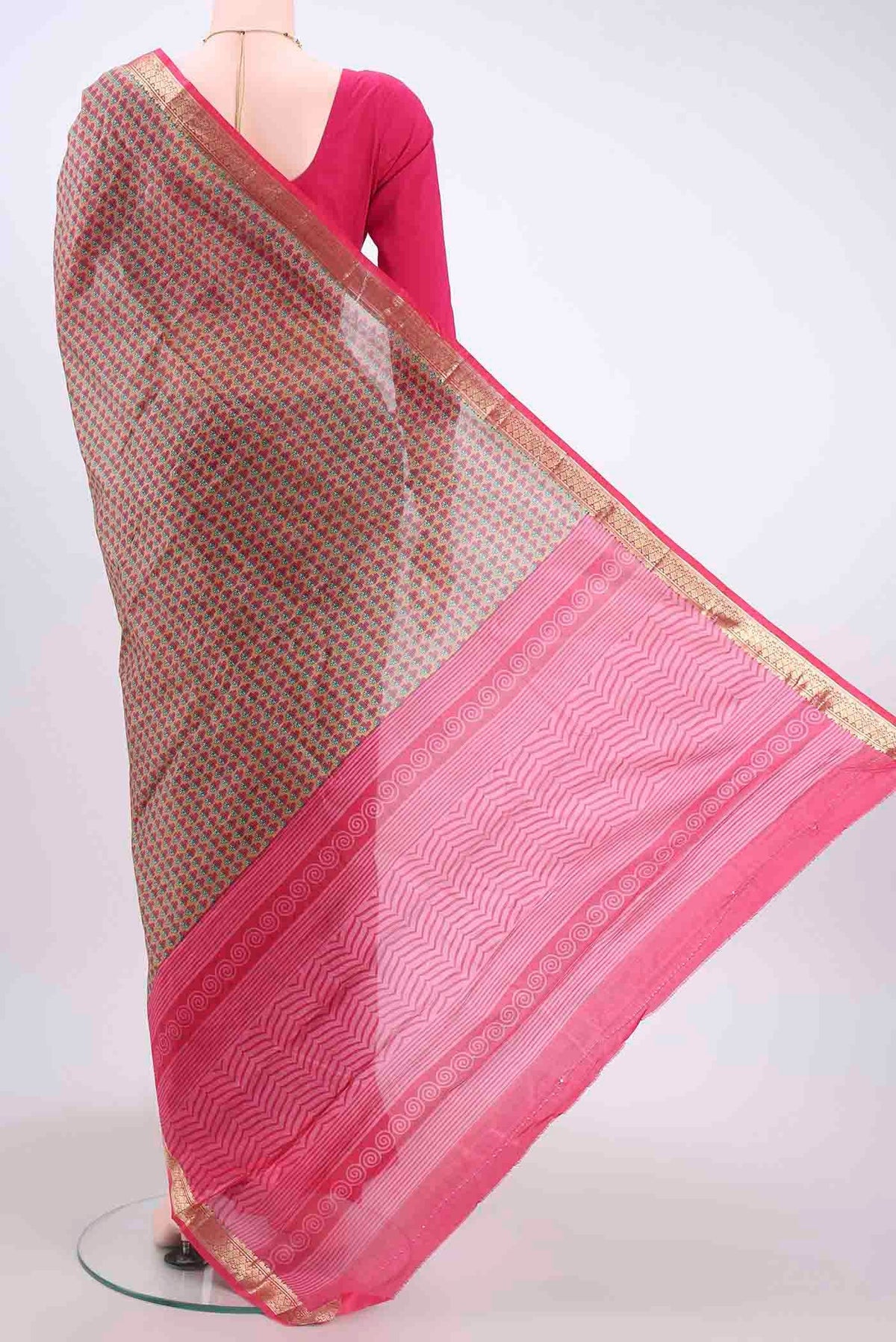 Flat view of Pink Printed Silk Saree with Floral Print on the body and Zari Border