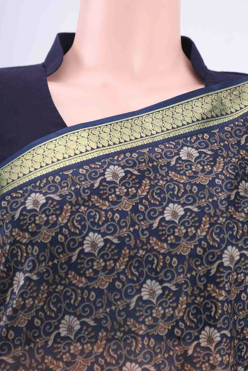 Border image of Blue Printed Silk Saree with Floral Print on the body and Zari Border