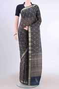 Blue Printed Silk Saree with Floral Print on the body and Zari Border displayed on a mannequin