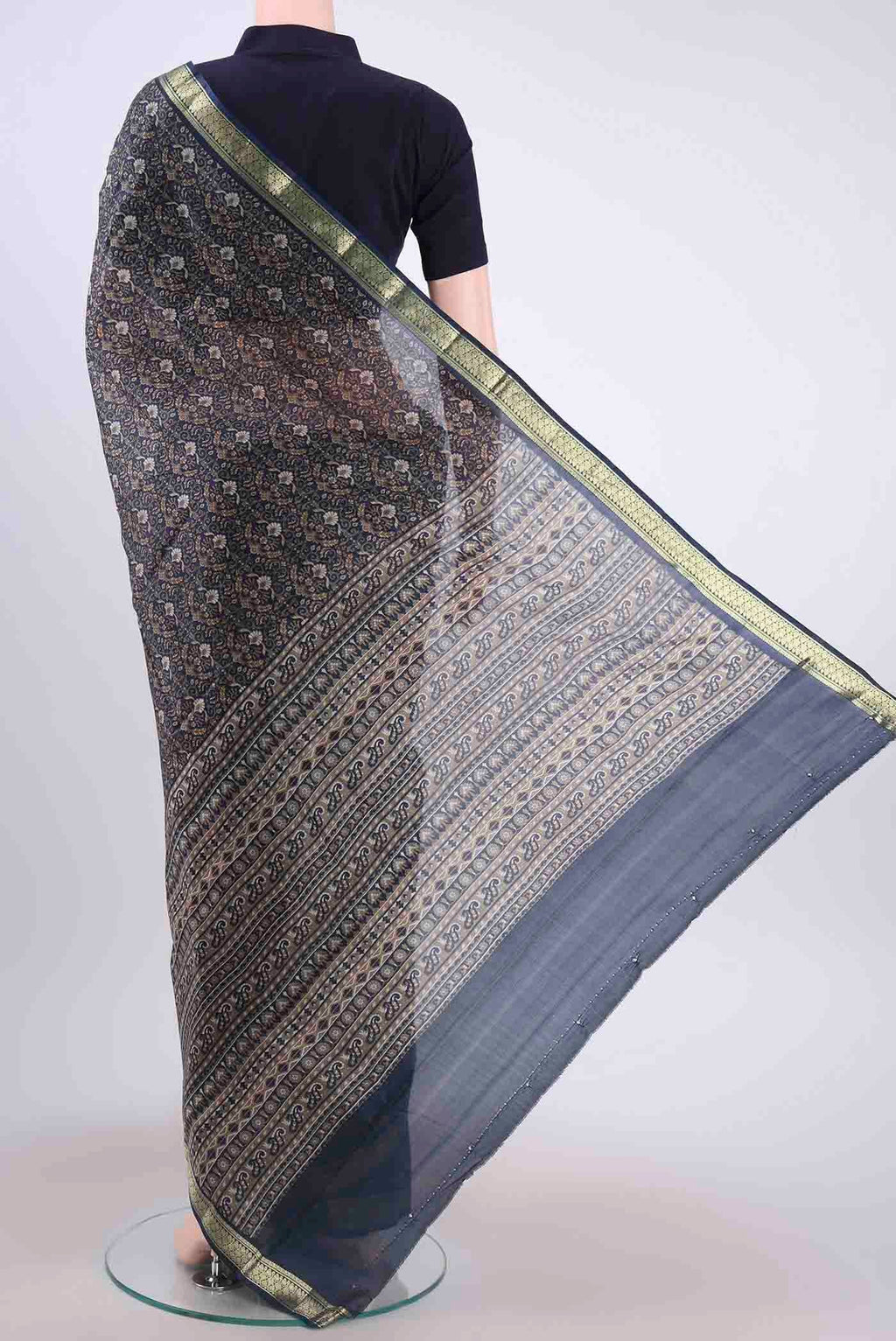 Flat view of Blue Printed Silk Saree with Floral Print on the body and Zari Border