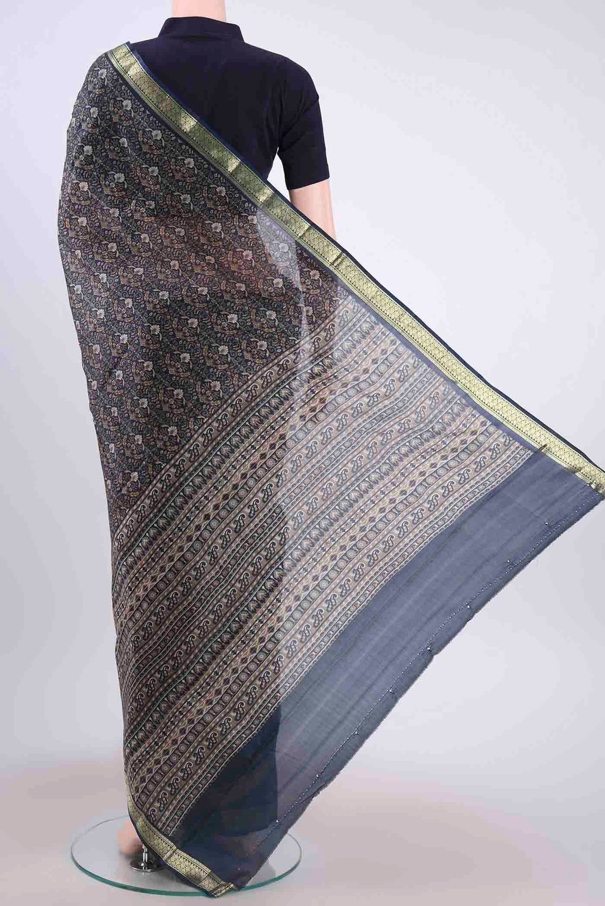 Flat view of Blue Printed Silk Saree with Floral Print on the body and Zari Border