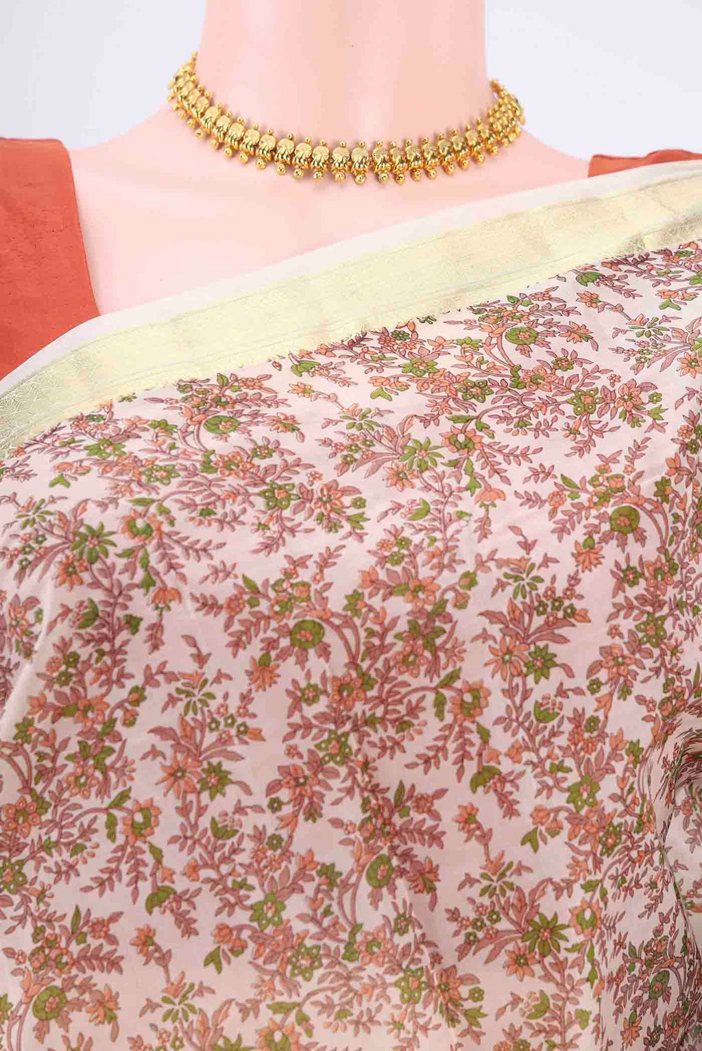 Border image of Off White Printed Silk Saree with Floral Print on the body and Zari Border
