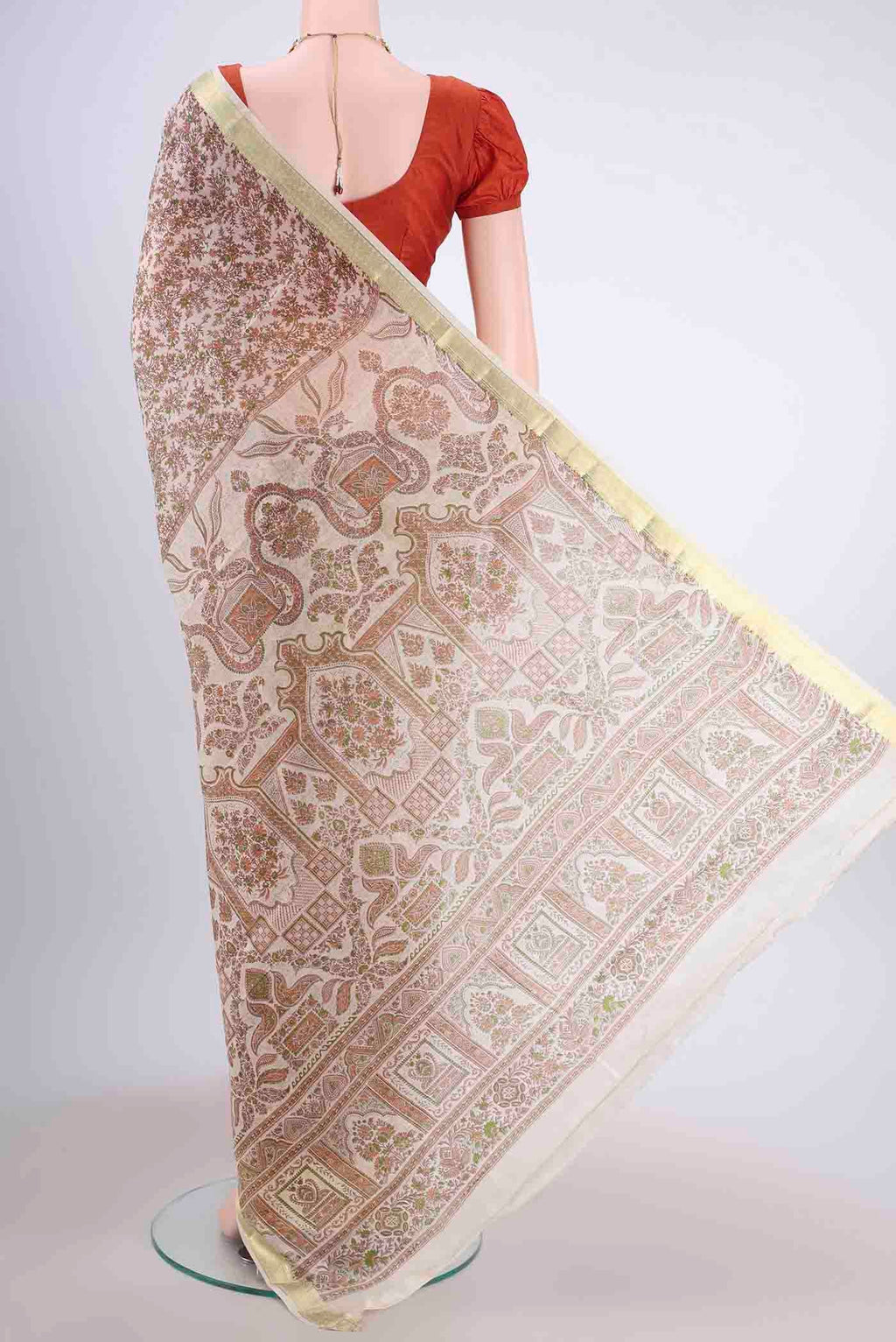 Flat view of Off White Printed Silk Saree with Floral Print on the body and Zari Border