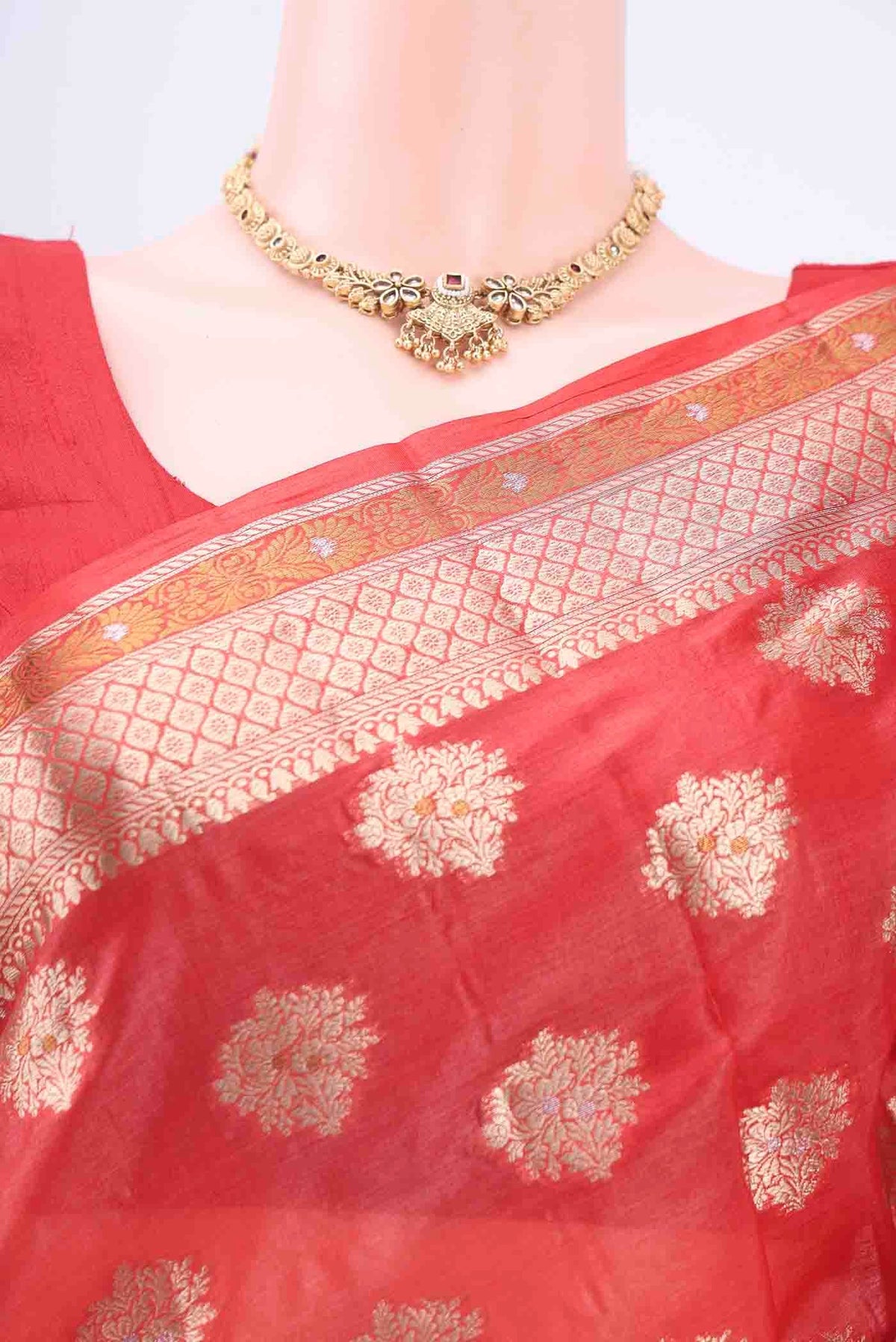 Border image of Red Banarasi Tussar Silk Saree with Zari Butta on the body and Zari Border