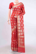 Red Banarasi Tussar Silk Saree with Zari Butta on the body and Zari Border displayed on a mannequin