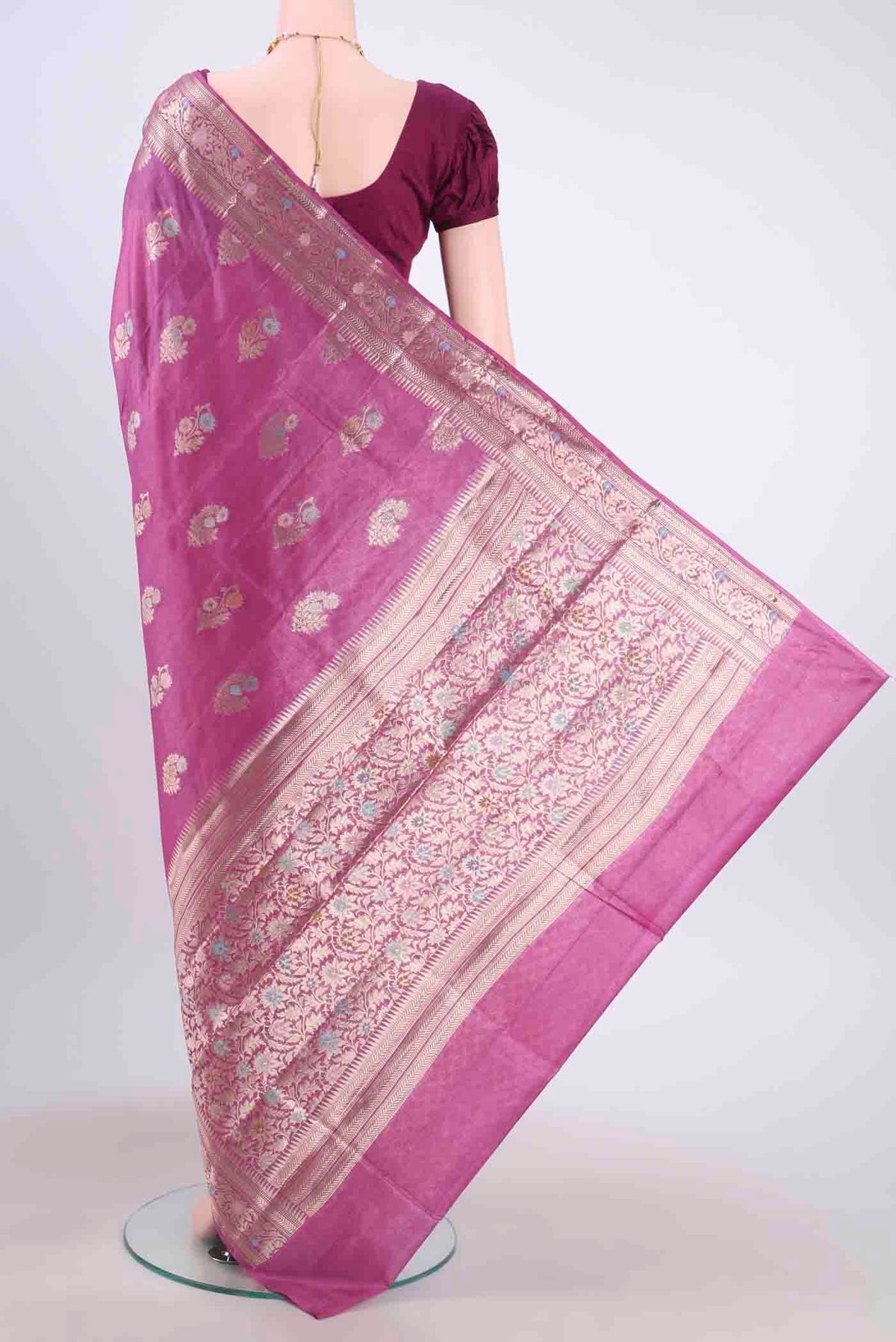 Flat view of Magenta Banarasi Tussar Silk Saree with Zari And Thread Butta on the body and Zari Border