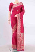 Rani Pink Dual Tone Banarasi Katan Silk Saree with Zari Butta on the body and Meenakari Border displayed on a mannequin