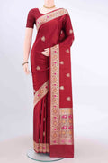 Red Banarasi Katan Silk Saree with Zari Butta on the body and Meenakari Border displayed on a mannequin