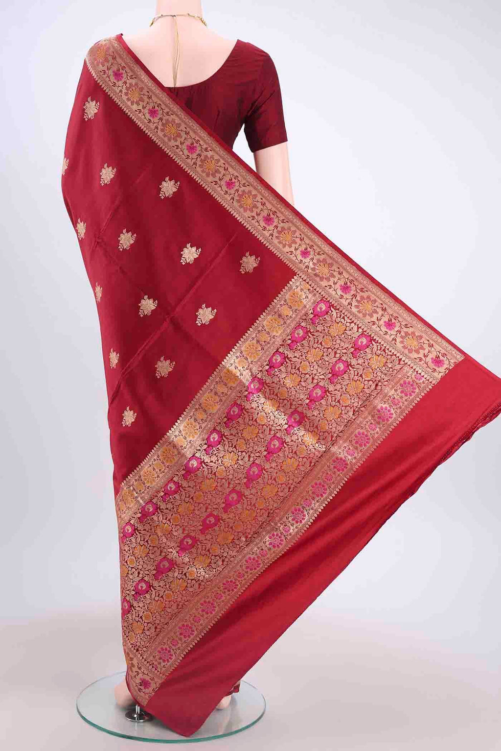 Flat view of Red Banarasi Katan Silk Saree with Zari Butta on the body and Meenakari Border