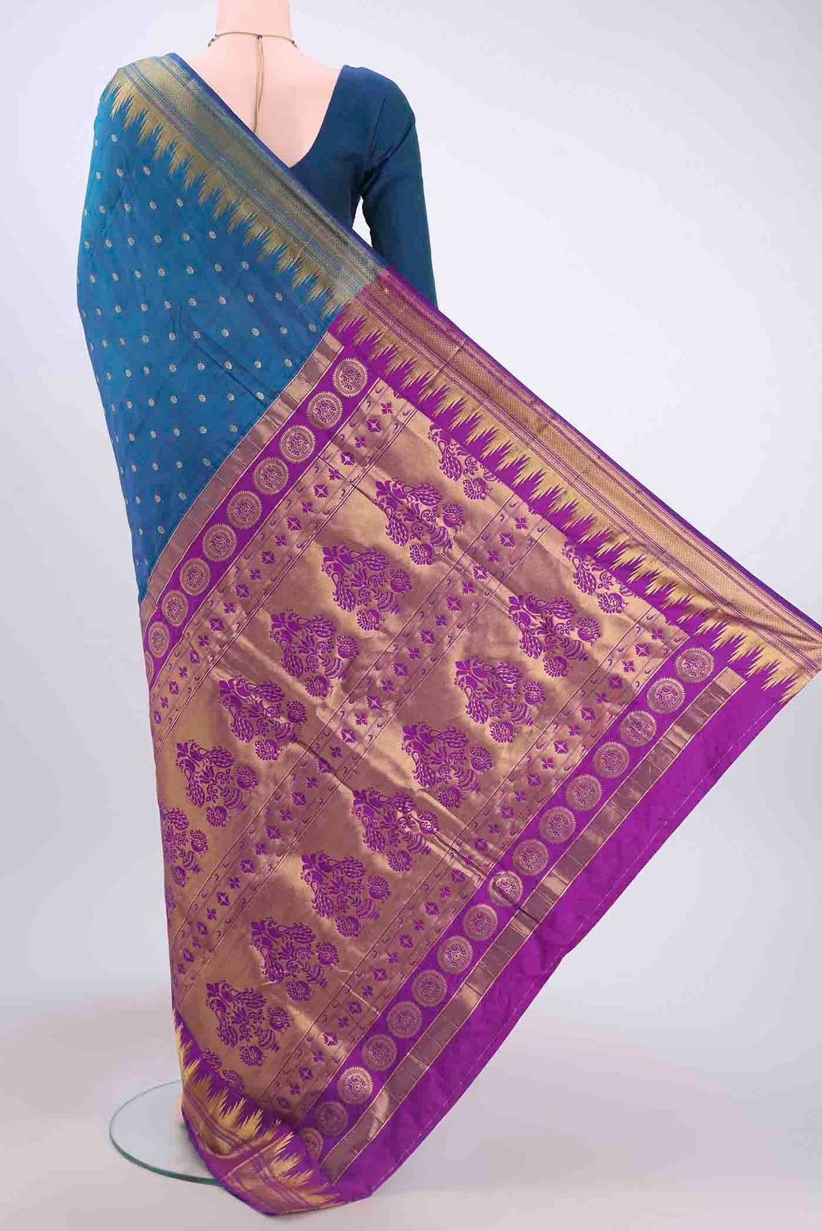 Flat view of Blue Blended Bangalore Silk Saree with Zari Butta on the body and Zari Border