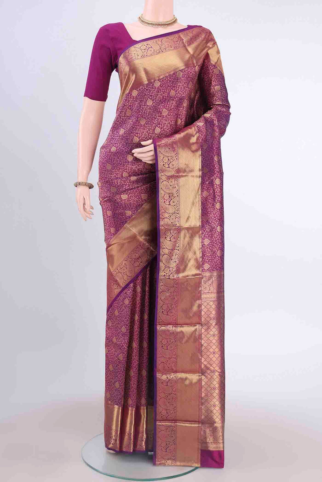 Purple Bangalore Silk Saree with Zari Brocade on the body and Zari Border displayed on a mannequin