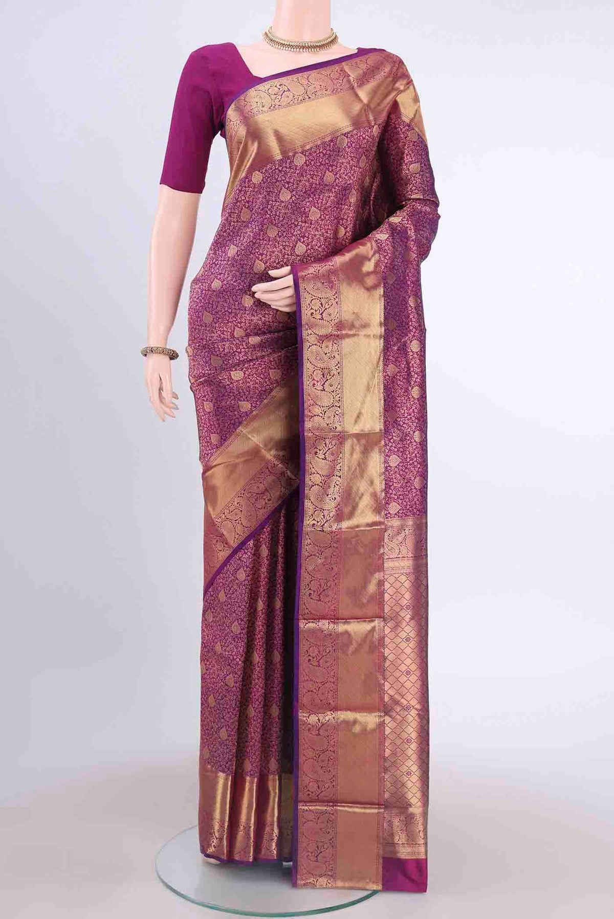 Purple Bangalore Silk Saree with Zari Brocade on the body and Zari Border displayed on a mannequin