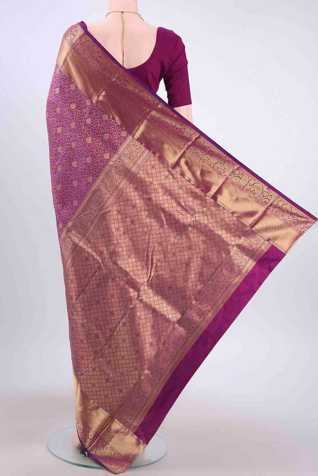 Flat view of Purple Bangalore Silk Saree with Zari Brocade on the body and Zari Border
