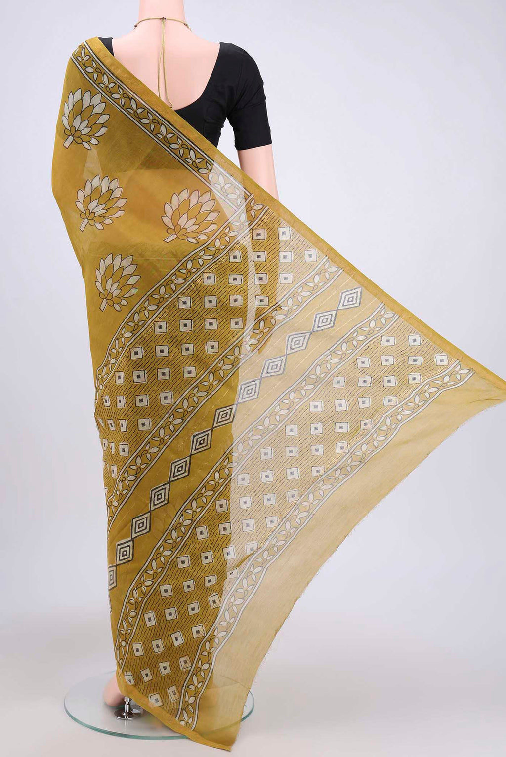 Flat view of Mehandi Green Chanderi Silk Saree with Printed design on the body and Zari Border. 