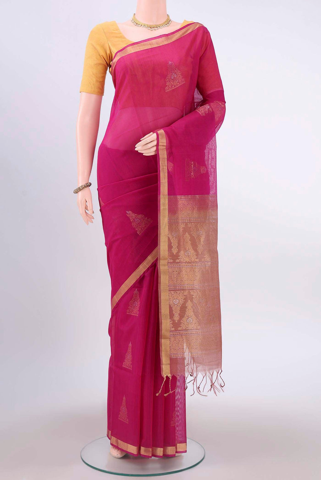 Dark Pink Kora Cotton Saree with Zari Butta on the body and Zari Border displayed on a mannequin