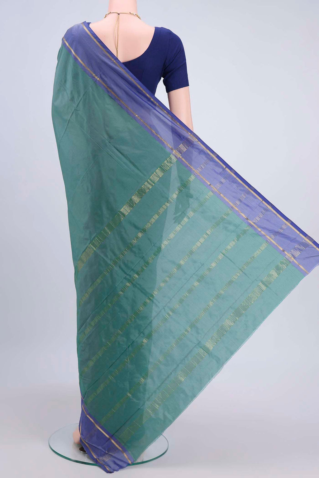Flat view of Maya Blue Dual Tone Blended Bangalore Silk Saree with Plain Body and Zari Border