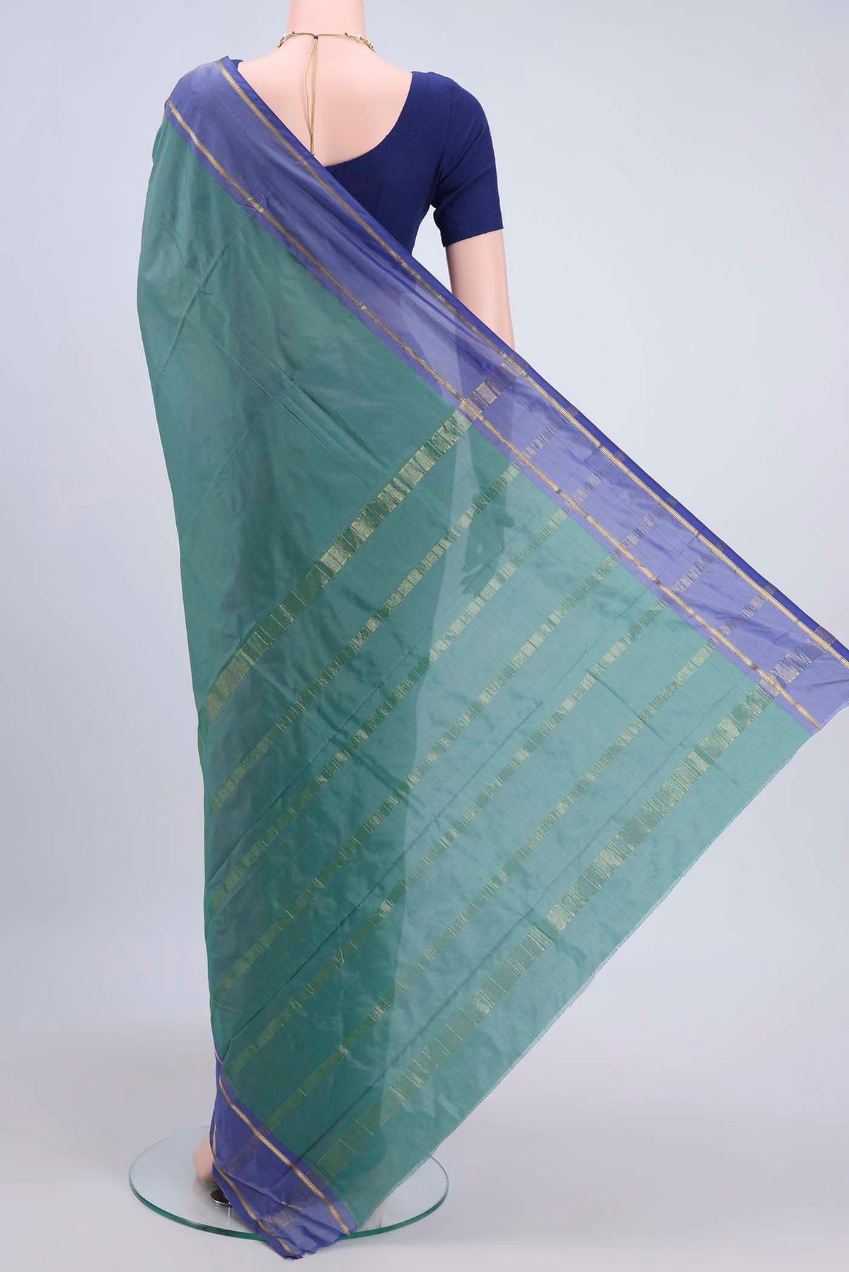 Flat view of Maya Blue Dual Tone Blended Bangalore Silk Saree with Plain Body and Zari Border
