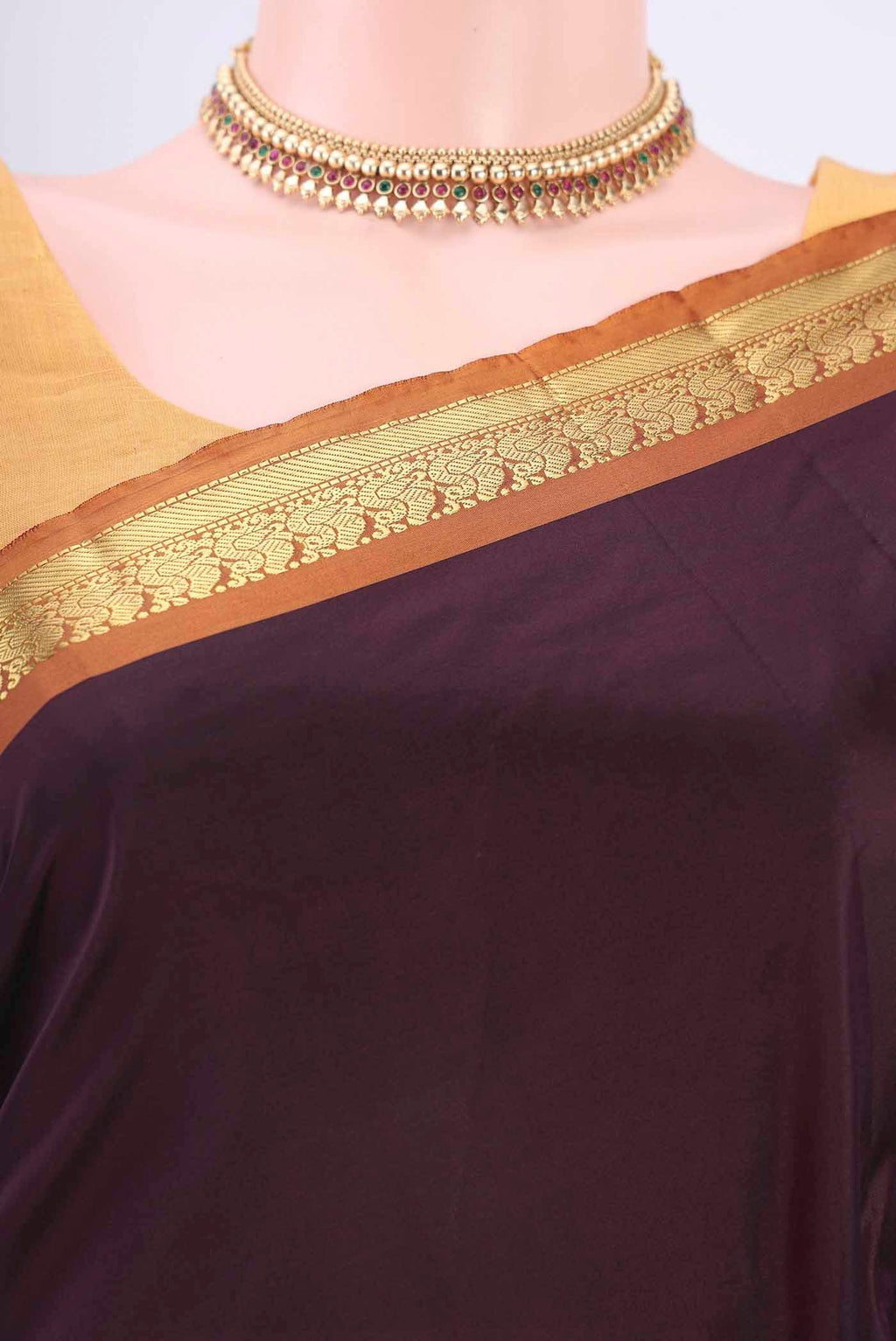 Border image of Brown Blended Bangalore Silk Saree with Plain Body and Zari Border