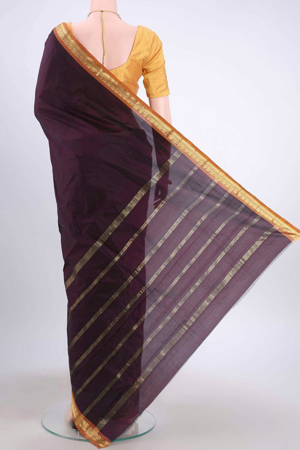 Flat view of Brown Blended Bangalore Silk Saree with Plain Body and Zari Border
