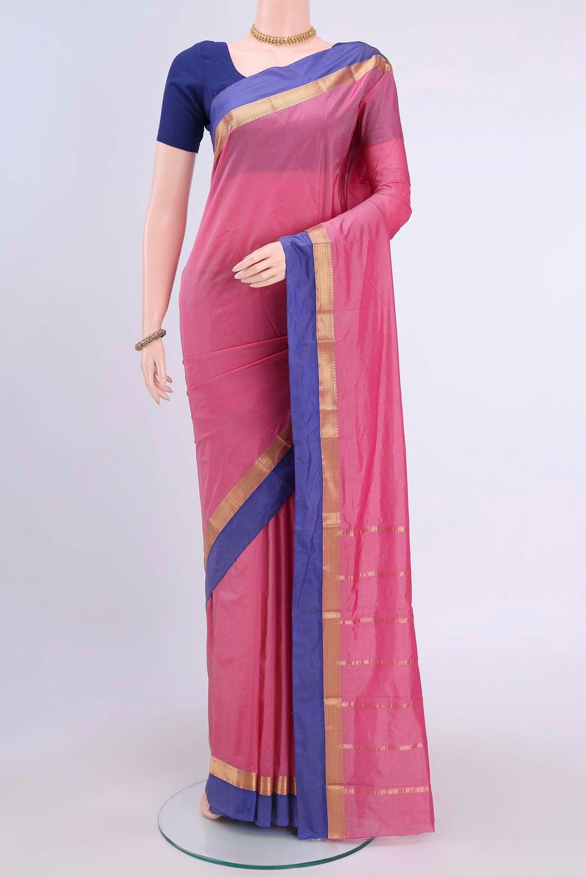 Rose pink Dual Tone Blended Bangalore Silk Saree with Plain Body and Zari Border displayed on a mannequin