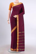 Burgundy Dual Tone Blended Bangalore Silk Saree with Jacquard design on the body and Zari Border displayed on a mannequin