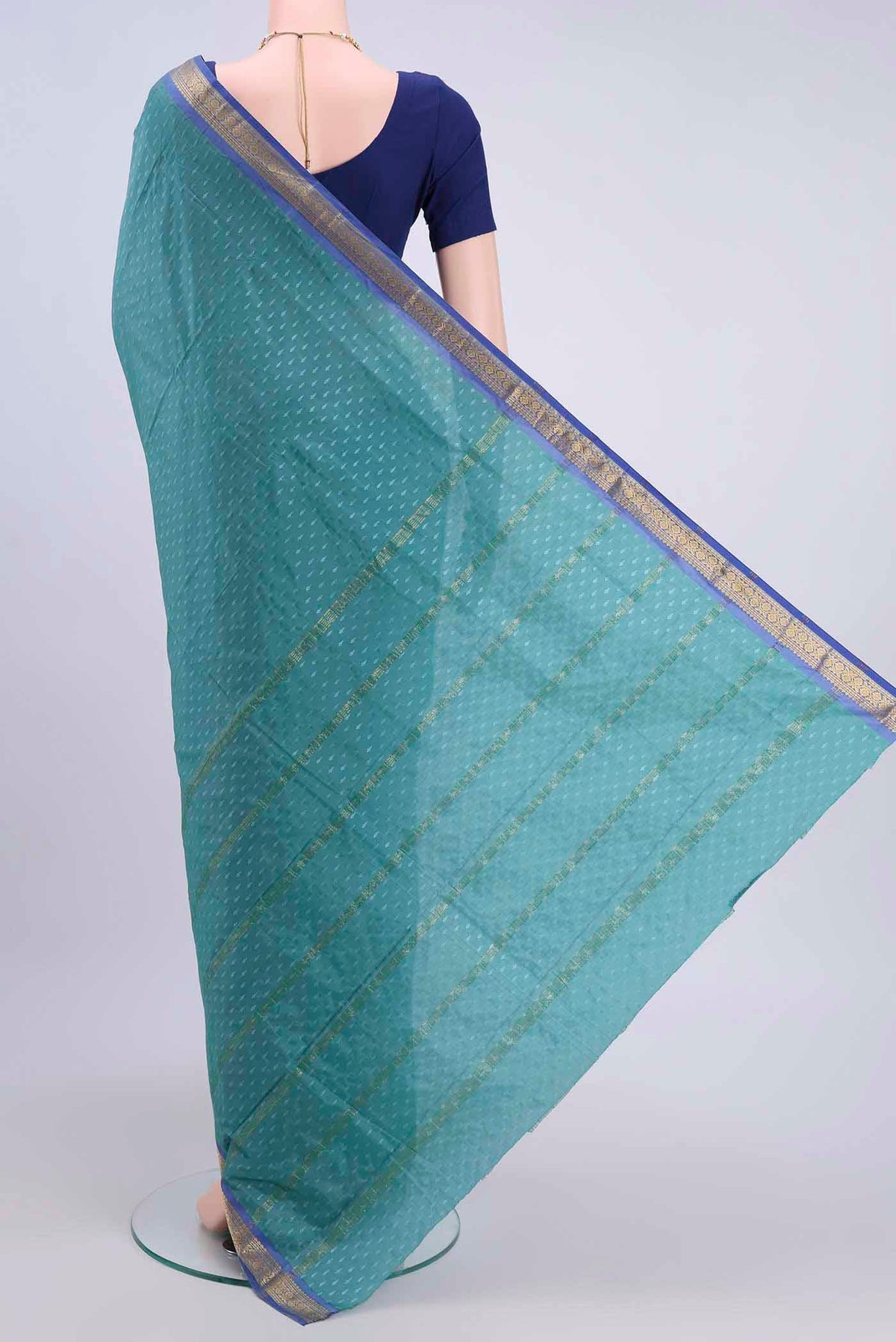 Flat view of Maya Blue Dual Tone Blended Bangalore Silk Saree with Jacquard design on the body and Zari Border