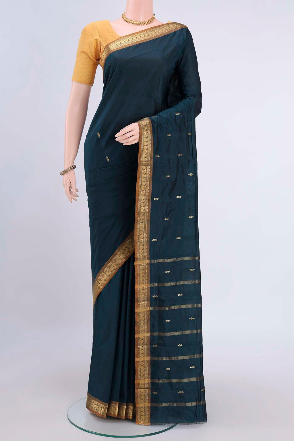 Dark Blue Dual Tone Blended Bangalore Silk Saree with Zari Butta on the body and Zari Border displayed on a mannequin
