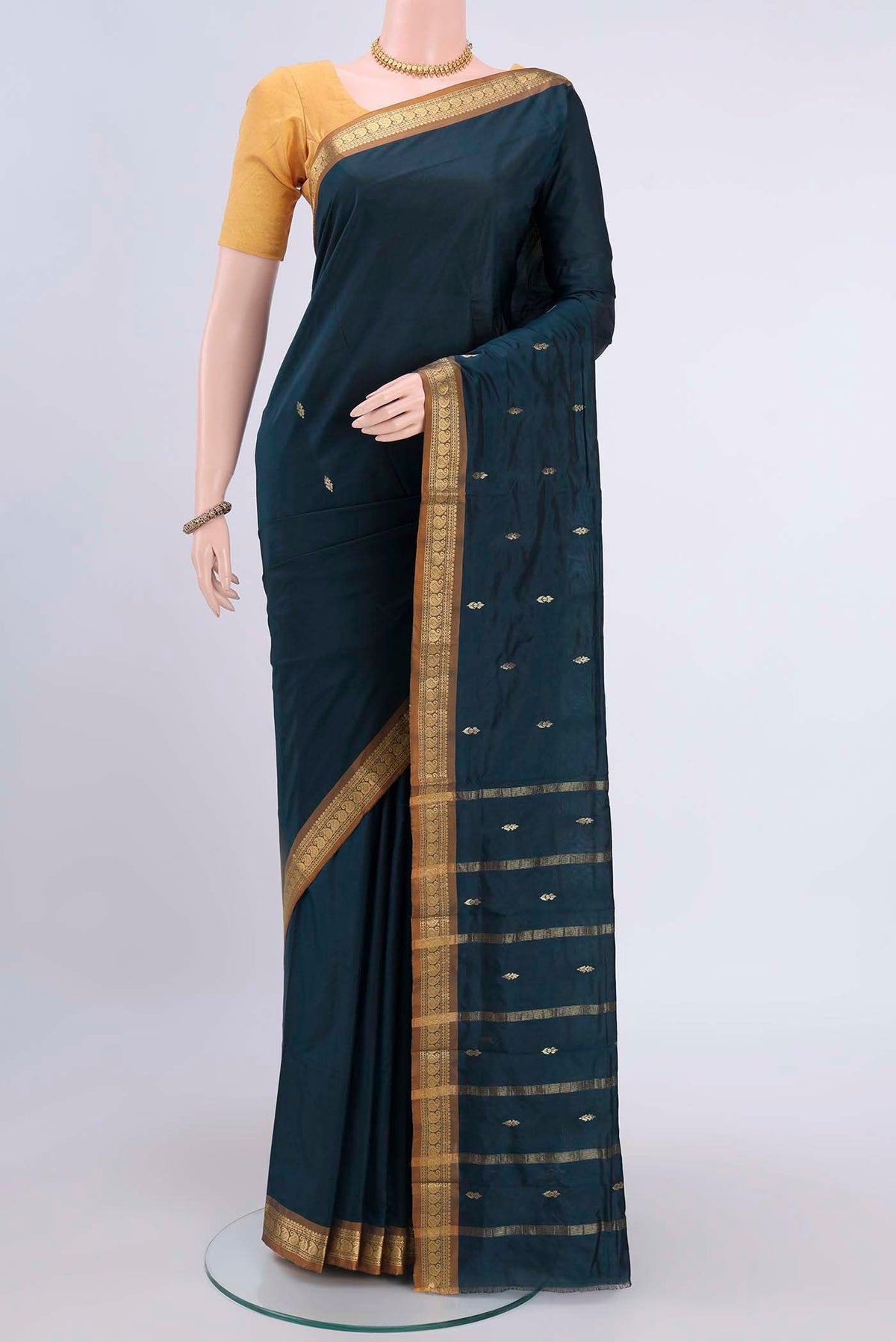 Dark Blue Dual Tone Blended Bangalore Silk Saree with Zari Butta on the body and Zari Border displayed on a mannequin