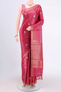 Dark Pink Tussar Silk Saree with Zari Butta on the body and Zari Border.  displayed on a mannequin