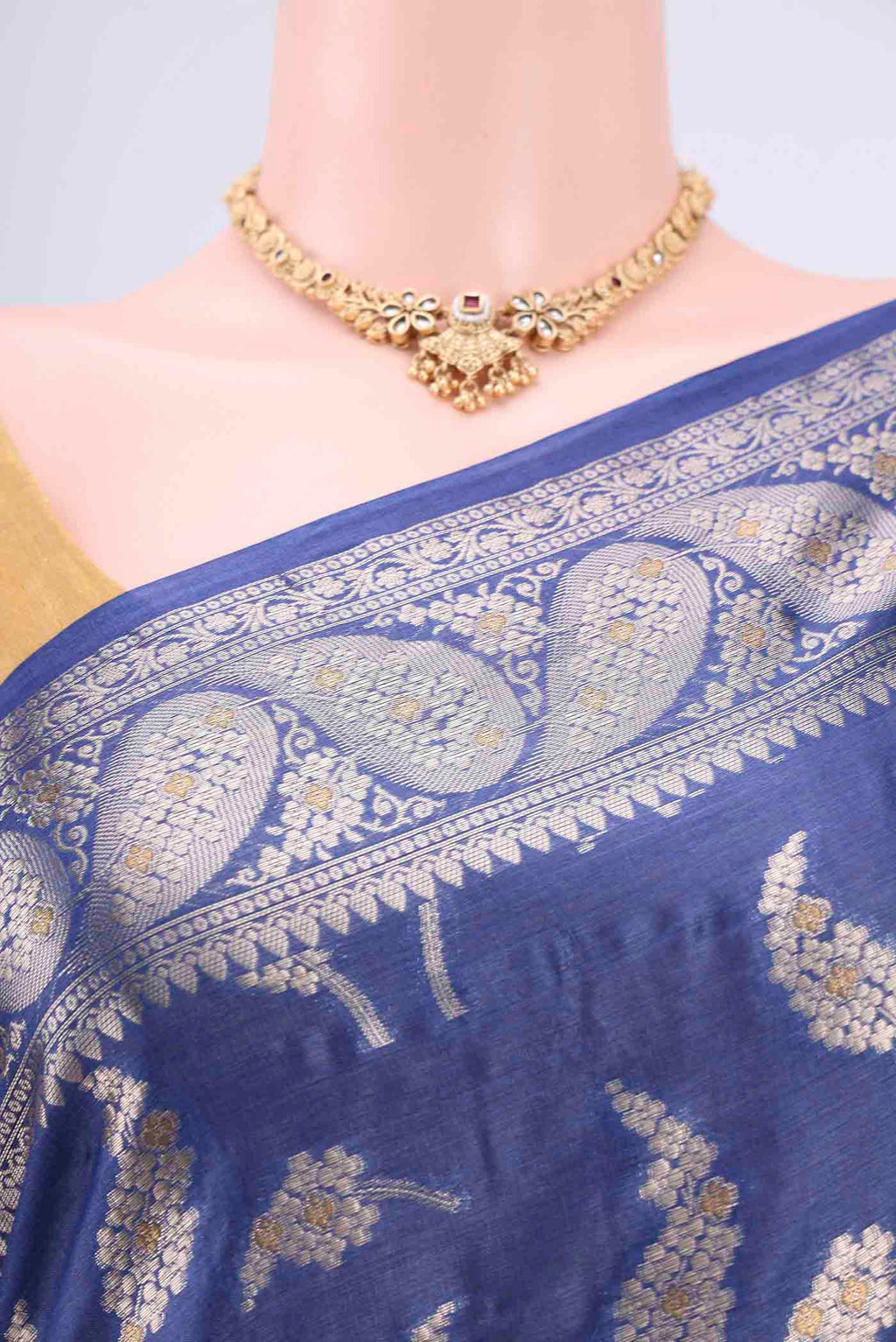 Border image of Royal Blue Banarasi Tussar Silk Saree with Zari Butta on the body and Zari Border. 