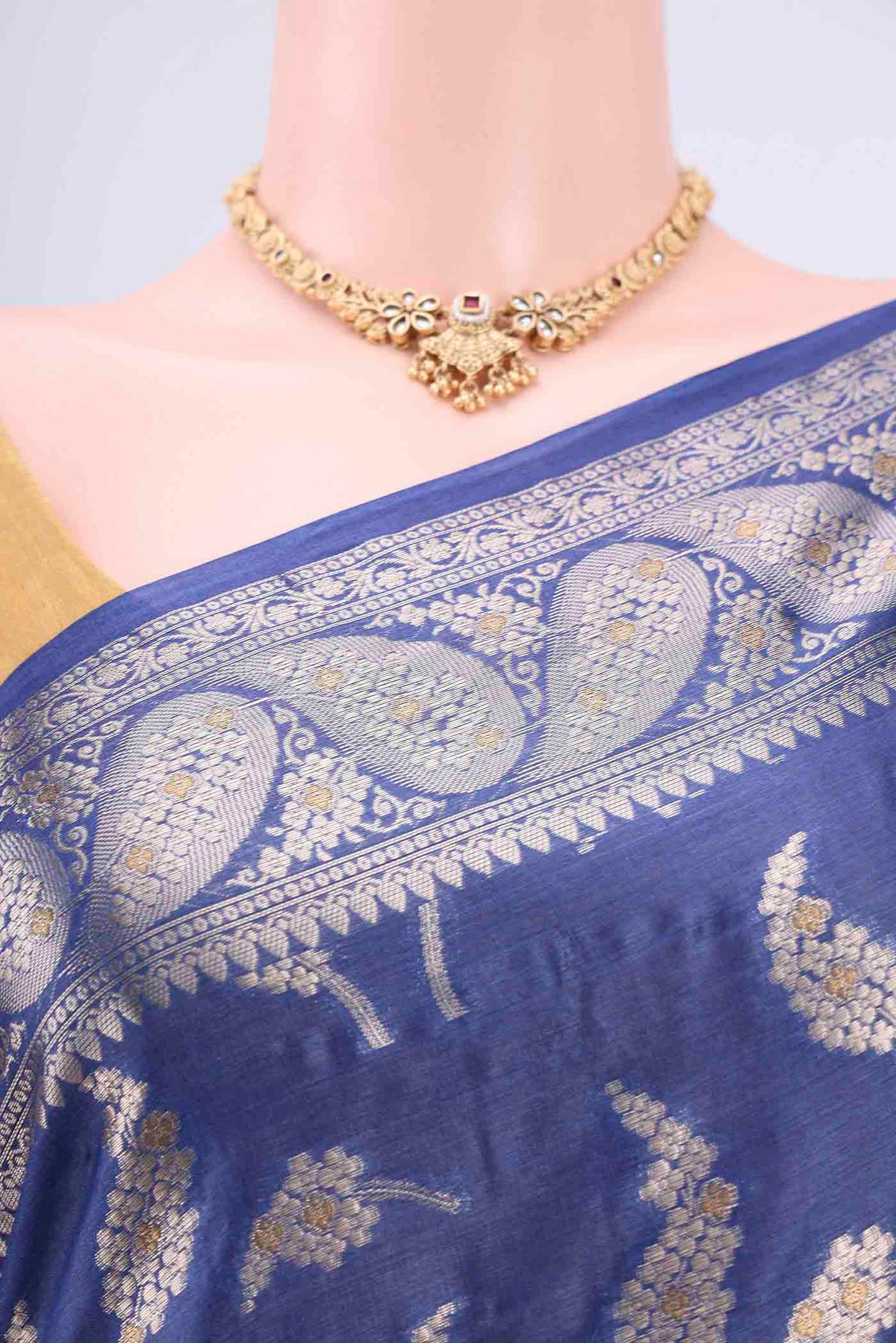 Border image of Royal Blue Banarasi Tussar Silk Saree with Zari Butta on the body and Zari Border. 