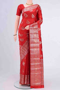 Imperial Red Banarasi Raw Silk Saree with Zari Butta on the body and Zari Border displayed on a mannequin