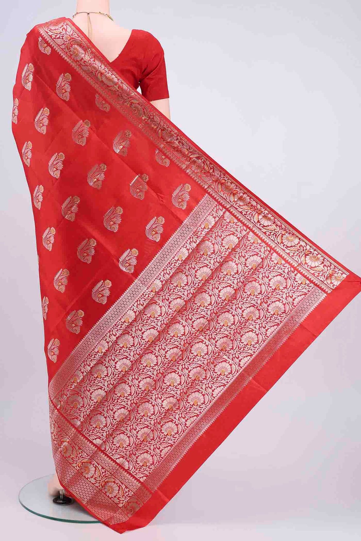 Flat view of Imperial Red Banarasi Raw Silk Saree with Zari Butta on the body and Zari Border