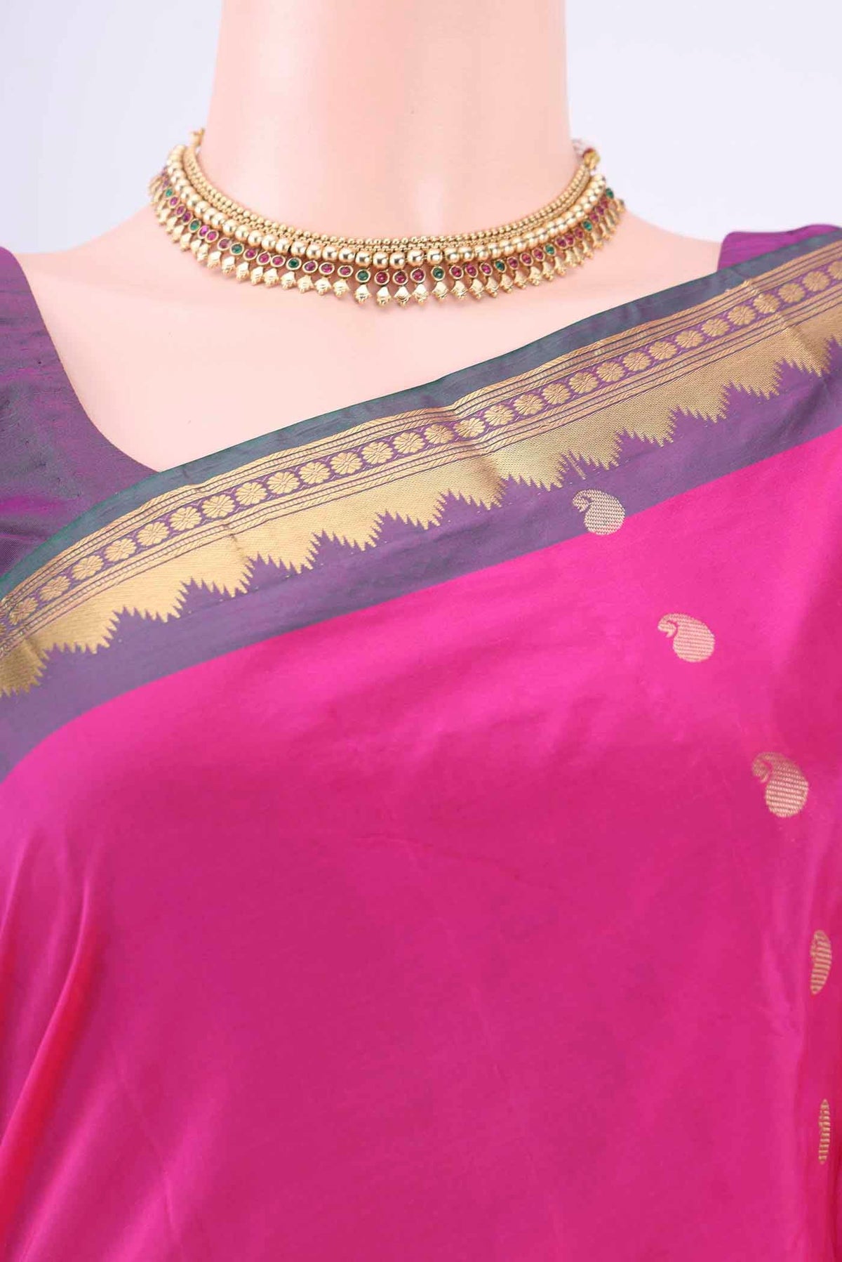 Border image of Rani Pink Blended Bangalore Silk Saree with Zari Butta on the body and Temple Border