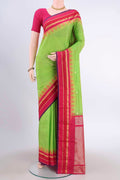 Parrot Green Dual Tone Blended Bangalore Silk Saree with Zari Butta on the body and Temple Border displayed on a mannequin