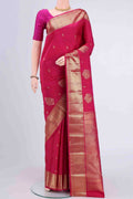 Dark Pink Kanchipuram Saree with Zari Butta on the body and Zari Border displayed on a mannequin