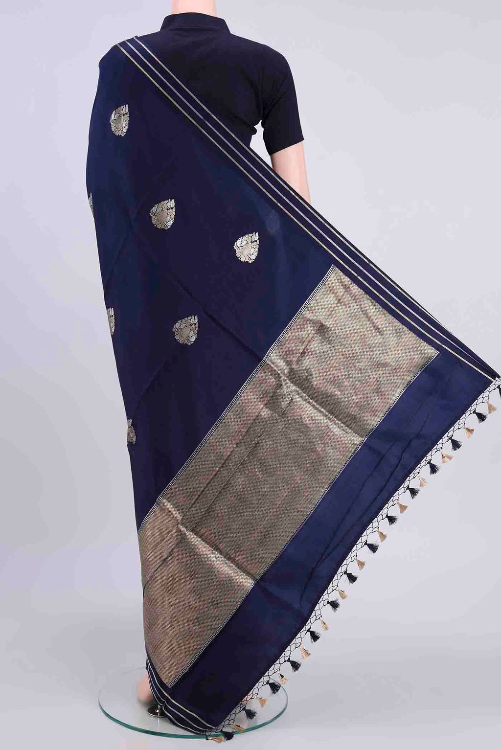 Flat view of Navy Blue Banarasi Silk Saree with Zari Butta on the body and Satin Border