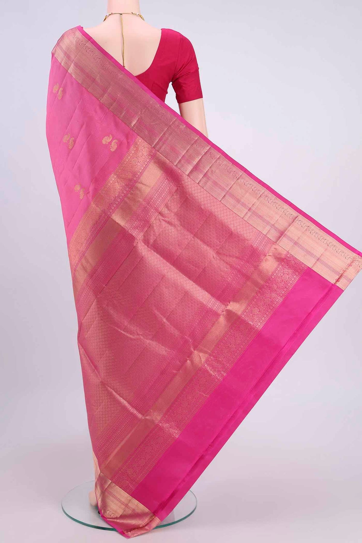 Flat view of Rose pink Soft Silk Saree with Jacquard With Zari Butta on the body and Zari Border