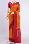 Orange Pochampally Silk Saree with Pure Ikat on the body and Plain Border displayed on a mannequin