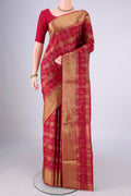 Maroon Pochampally Silk Saree with Pure Ikat on the body and Zari Border.  displayed on a mannequin