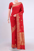 Red Dual Tone Banarasi Katan Silk Saree with Thread Butta on the body and Thread Border.  displayed on a mannequin