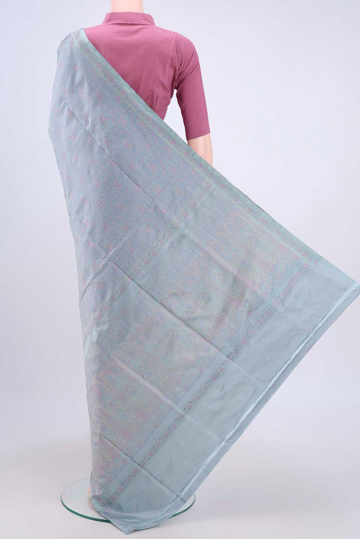 Flat view of Sky Blue Banarasi Tanchoi Silk Saree with Thread Brocade on the body and Thread Border. 